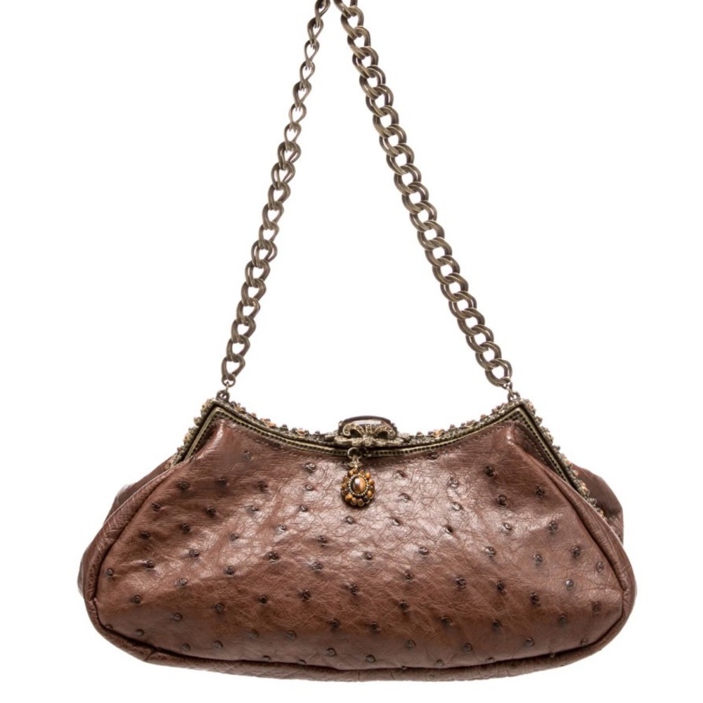 Vintage Clara Kasavina Brown Ostrich-Textured Shoulder Bag with Antique Chain